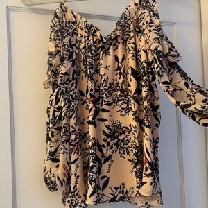 Parker Pale Pink, Black and teal Floral Off-Shoulder Blouse